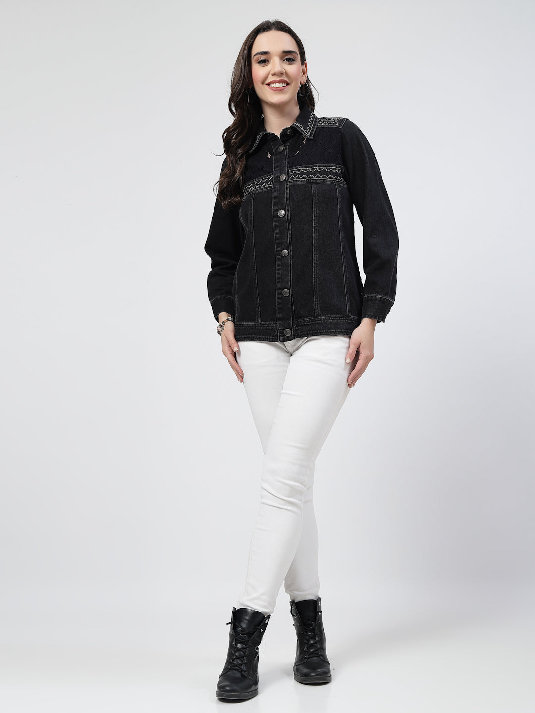 Black Denim Jacket with Embroidered Patch Details - Cosmic Trio