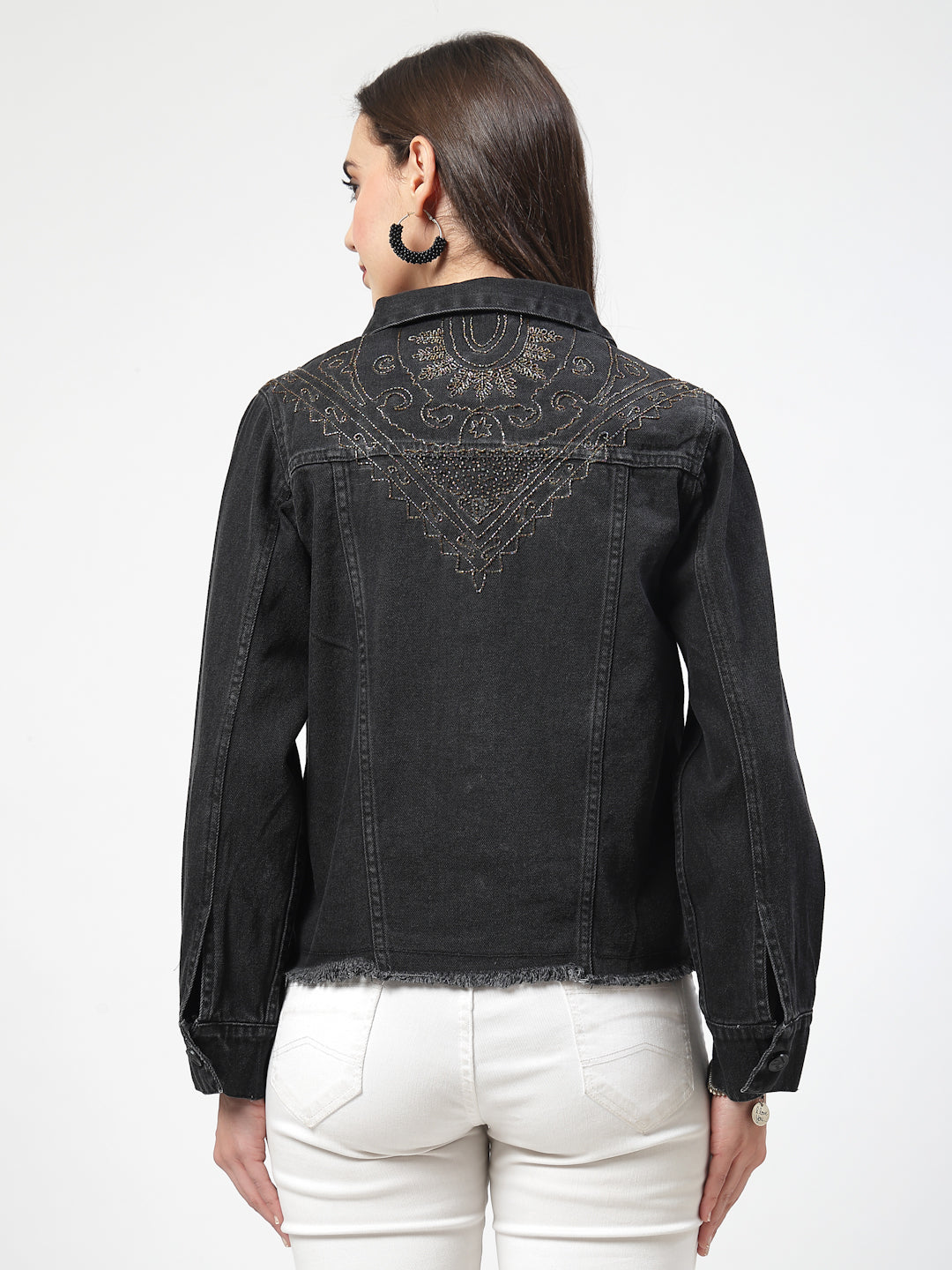 Black Front Cross Pocket Denim Jacket with Intricate Embroidery - Cosmic Trio