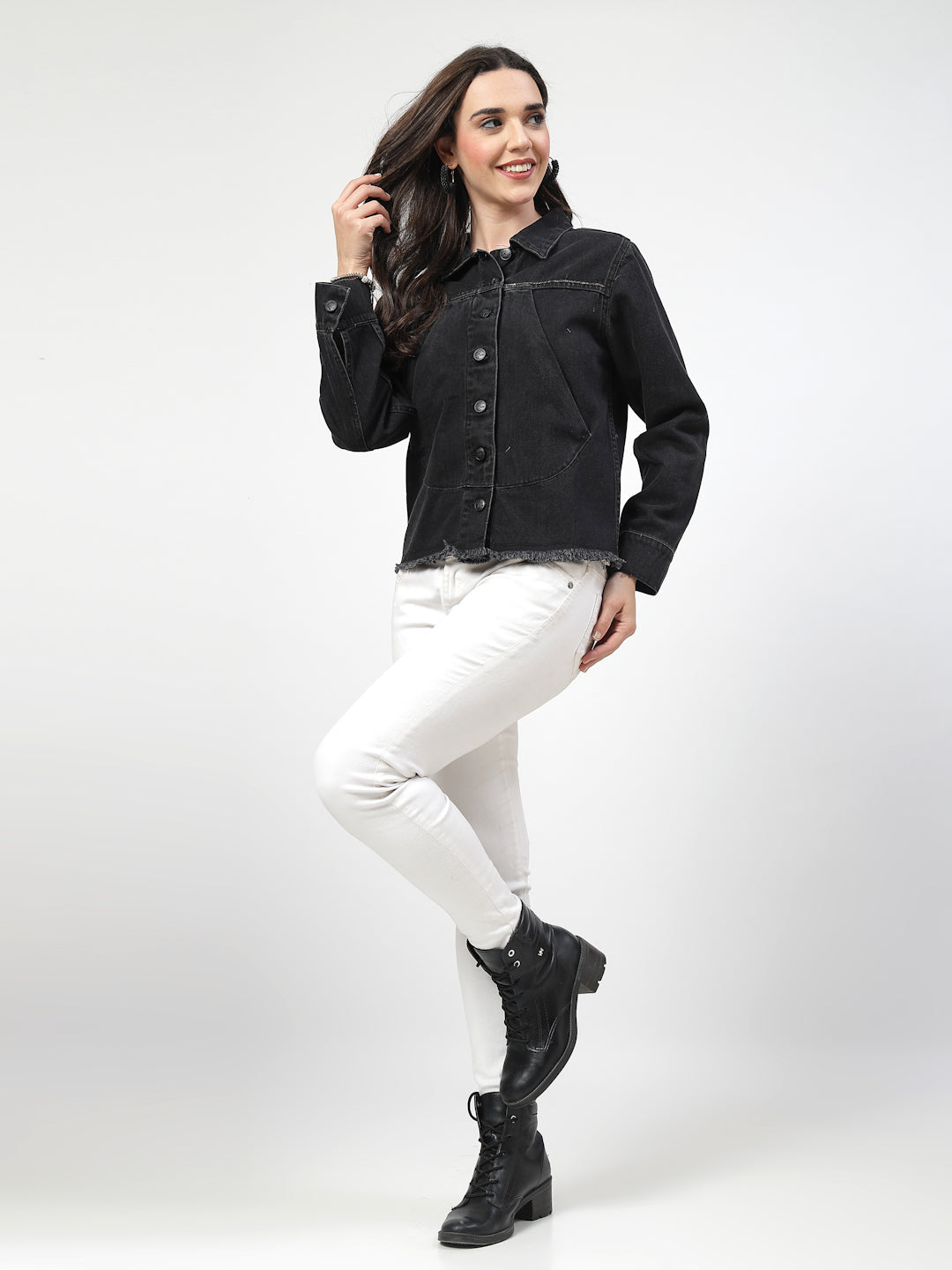 Black Front Cross Pocket Denim Jacket with Intricate Embroidery - Cosmic Trio