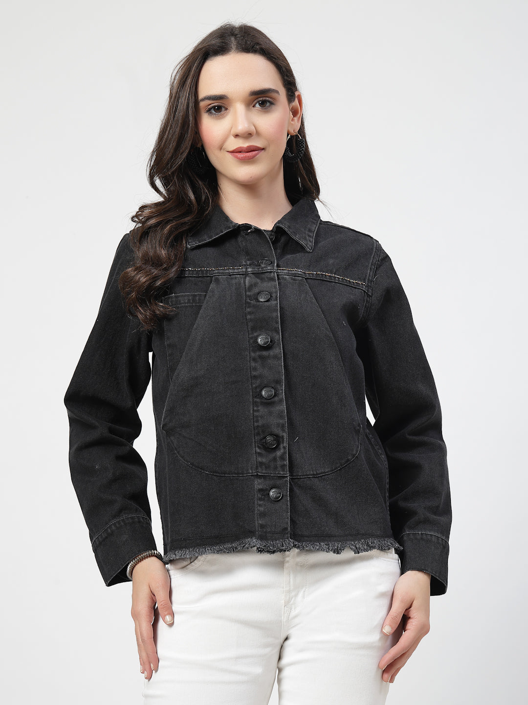 Black Front Cross Pocket Denim Jacket with Intricate Embroidery - Cosmic Trio