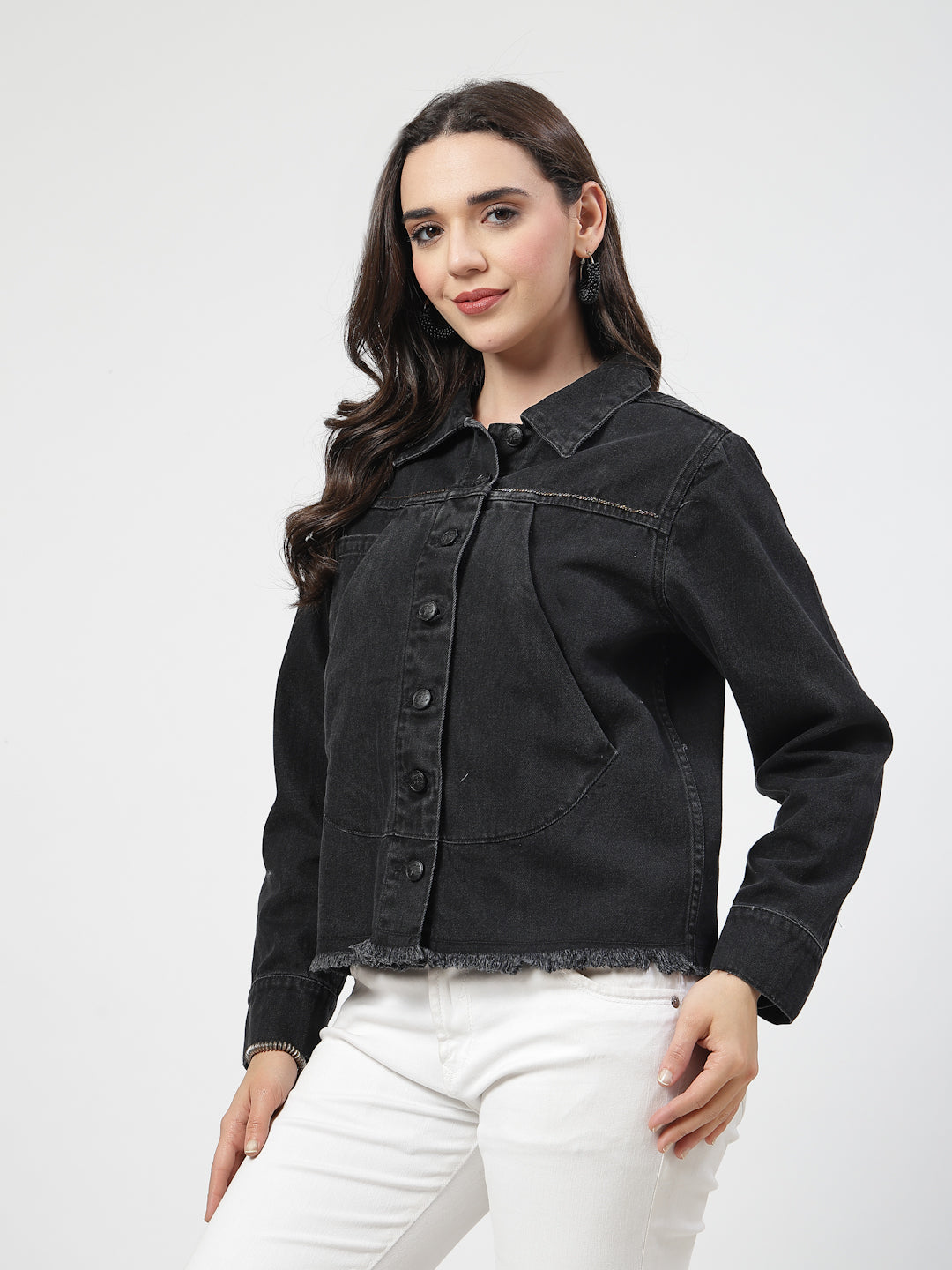Black Front Cross Pocket Denim Jacket with Intricate Embroidery - Cosmic Trio