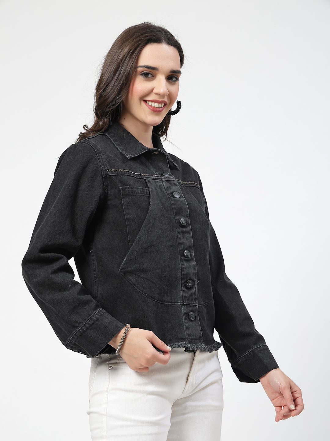 Black Front Cross Pocket Denim Jacket with Intricate Embroidery - Cosmic Trio