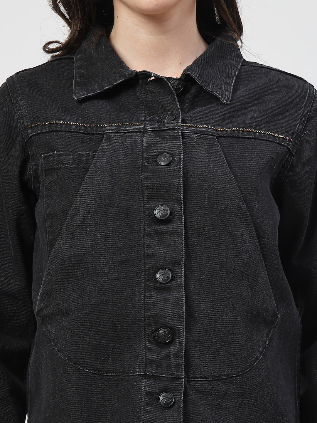 Black Front Cross Pocket Denim Jacket with Intricate Embroidery - Cosmic Trio