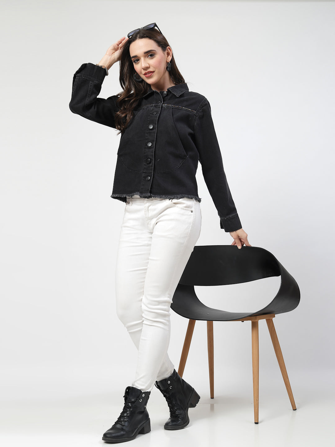 Black Front Cross Pocket Denim Jacket with Intricate Embroidery - Cosmic Trio