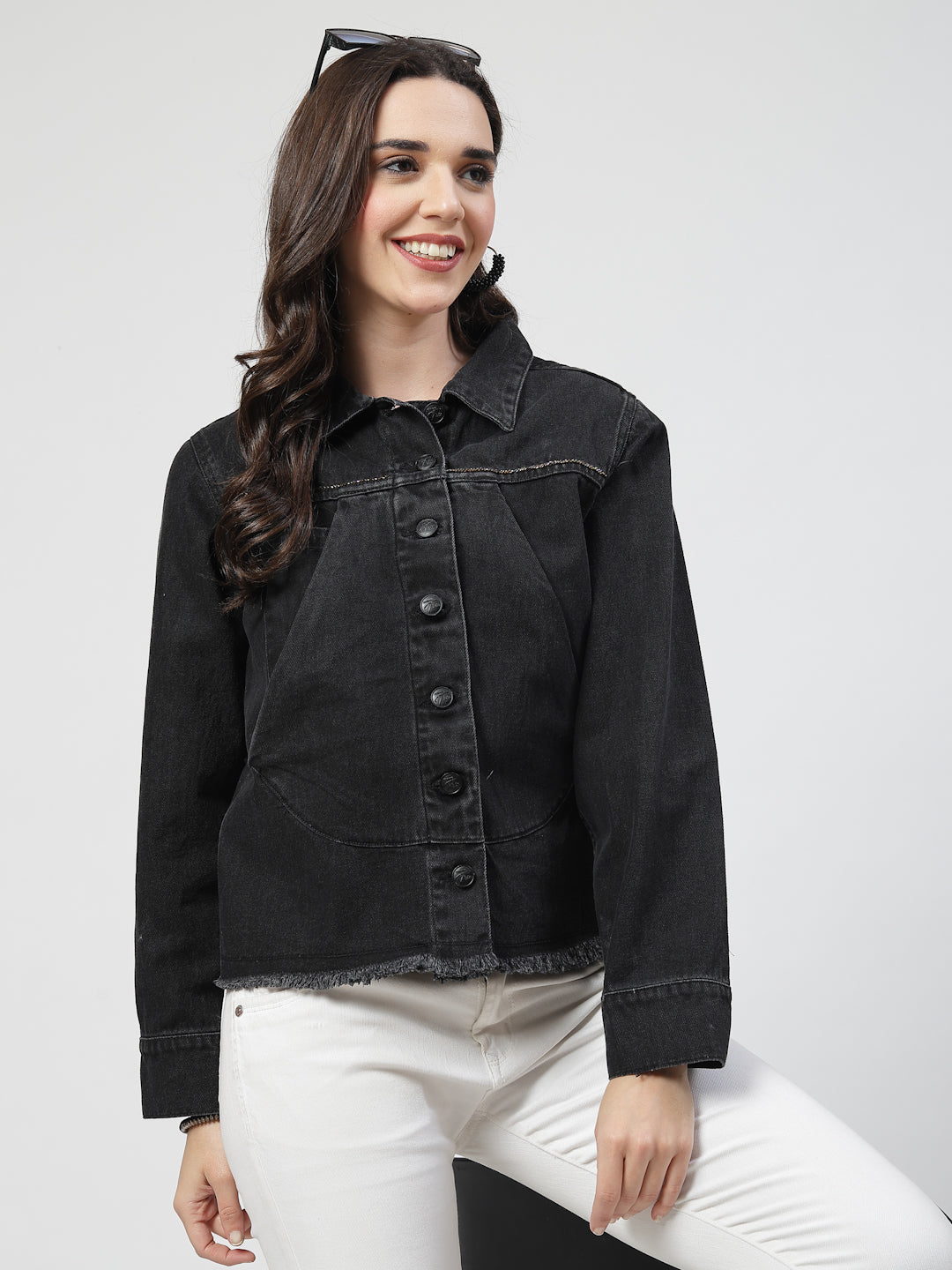Black Front Cross Pocket Denim Jacket with Intricate Embroidery - Cosmic Trio