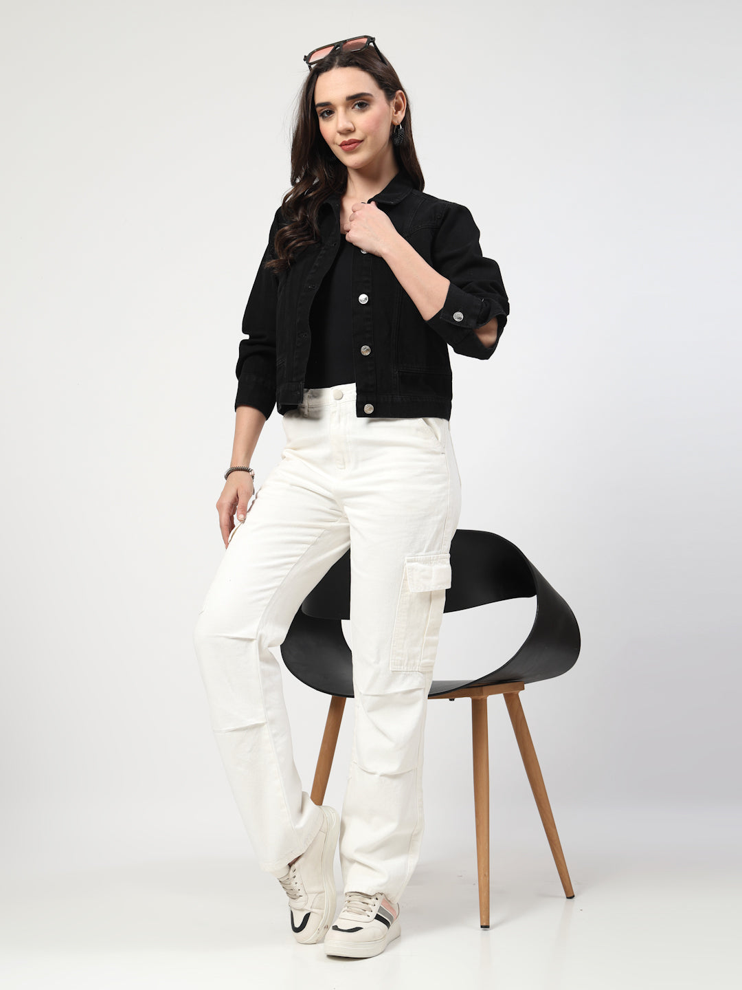 Solid Black Cotton Denim Jacket with Welt Pockets - Cosmic Trio