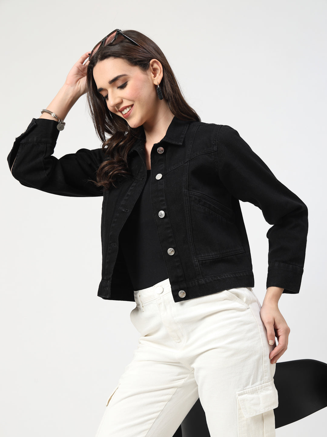 Solid Black Cotton Denim Jacket with Welt Pockets - Cosmic Trio