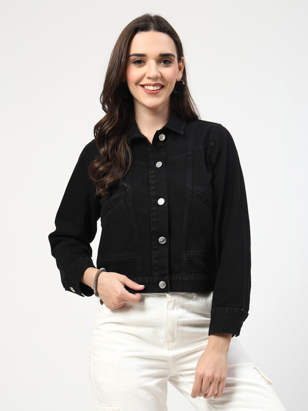 Solid Black Cotton Denim Jacket with Welt Pockets - Cosmic Trio