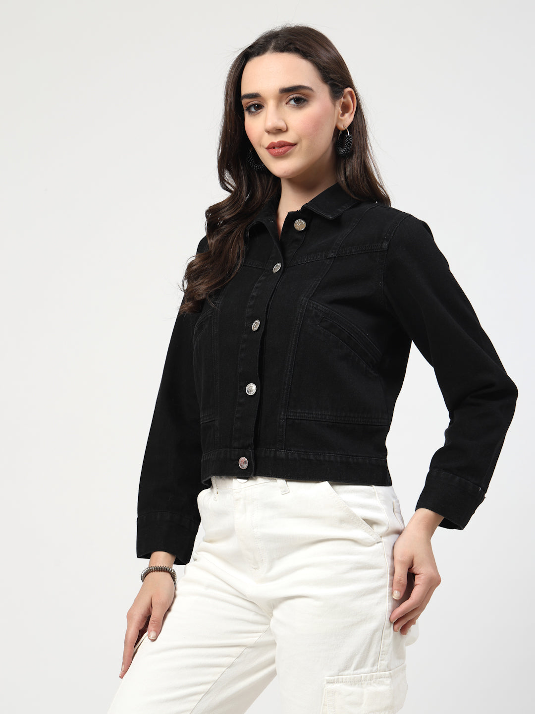 Solid Black Cotton Denim Jacket with Welt Pockets - Cosmic Trio