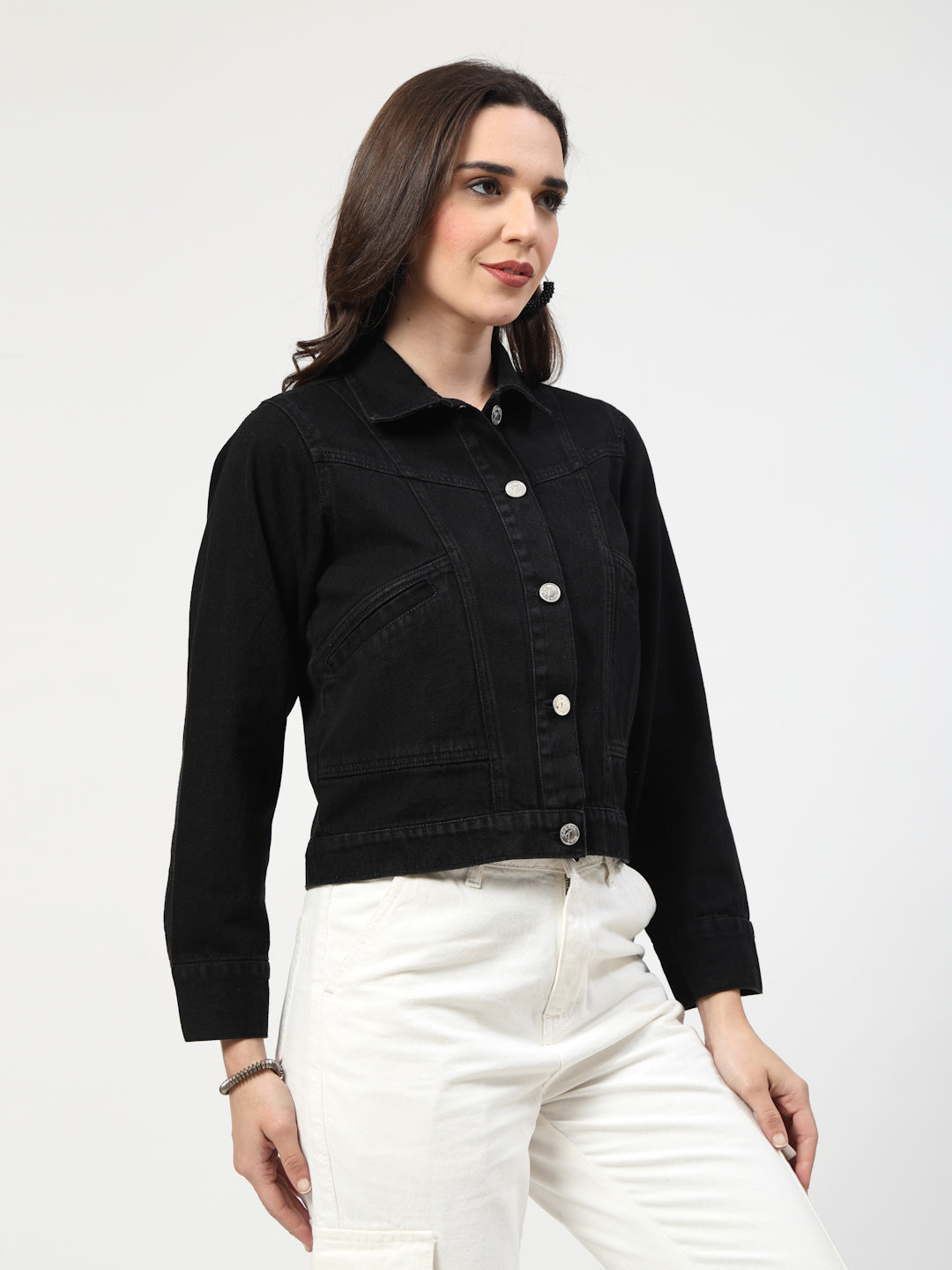 Solid Black Cotton Denim Jacket with Welt Pockets - Cosmic Trio