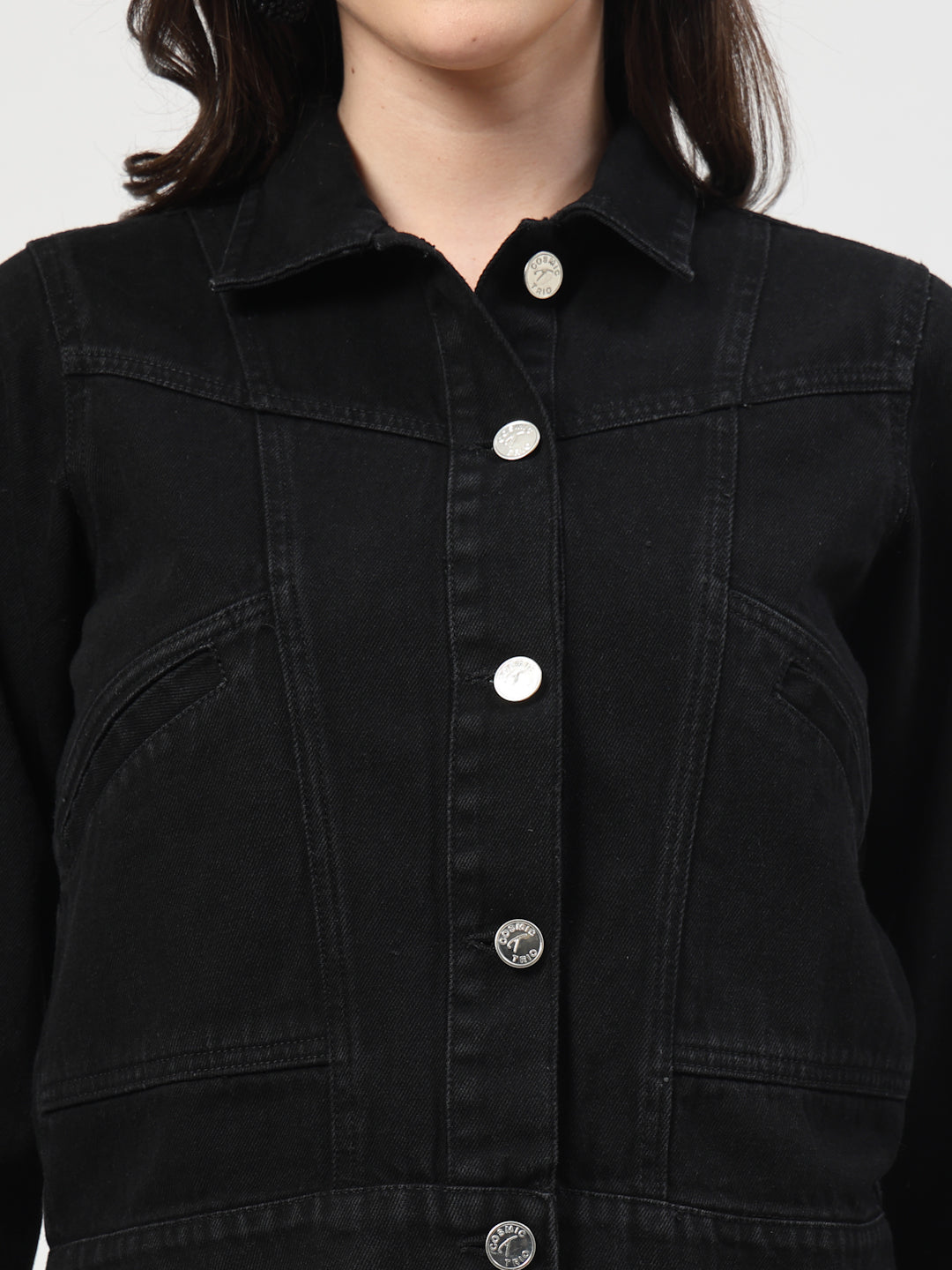 Solid Black Cotton Denim Jacket with Welt Pockets - Cosmic Trio
