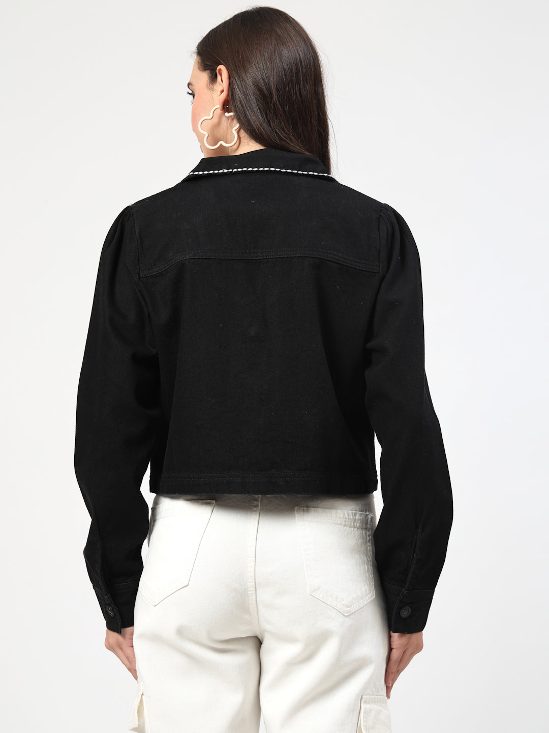 Embroidered Collar Black Denim Jacket - Cosmic Trio