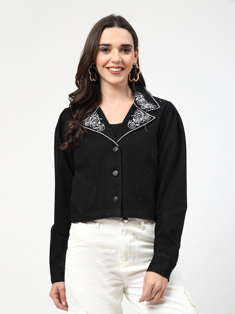 Embroidered Collar Black Denim Jacket - Cosmic Trio