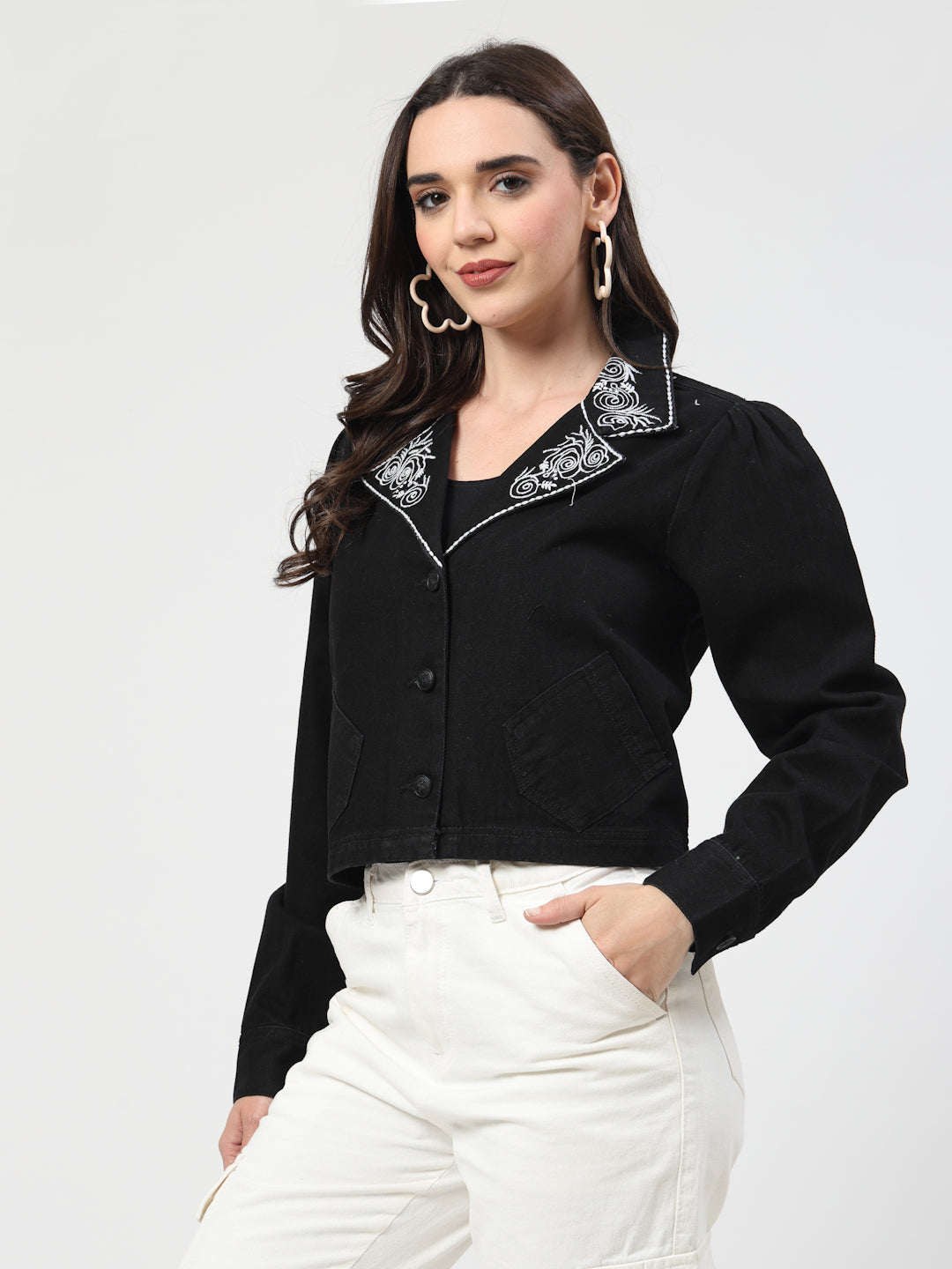 Embroidered Collar Black Denim Jacket - Cosmic Trio