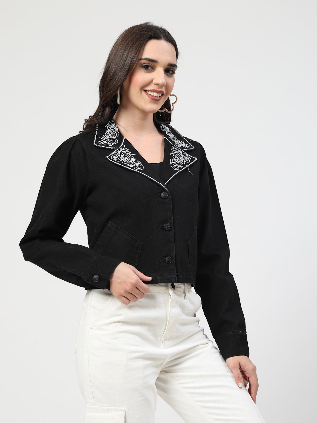 Embroidered Collar Black Denim Jacket - Cosmic Trio
