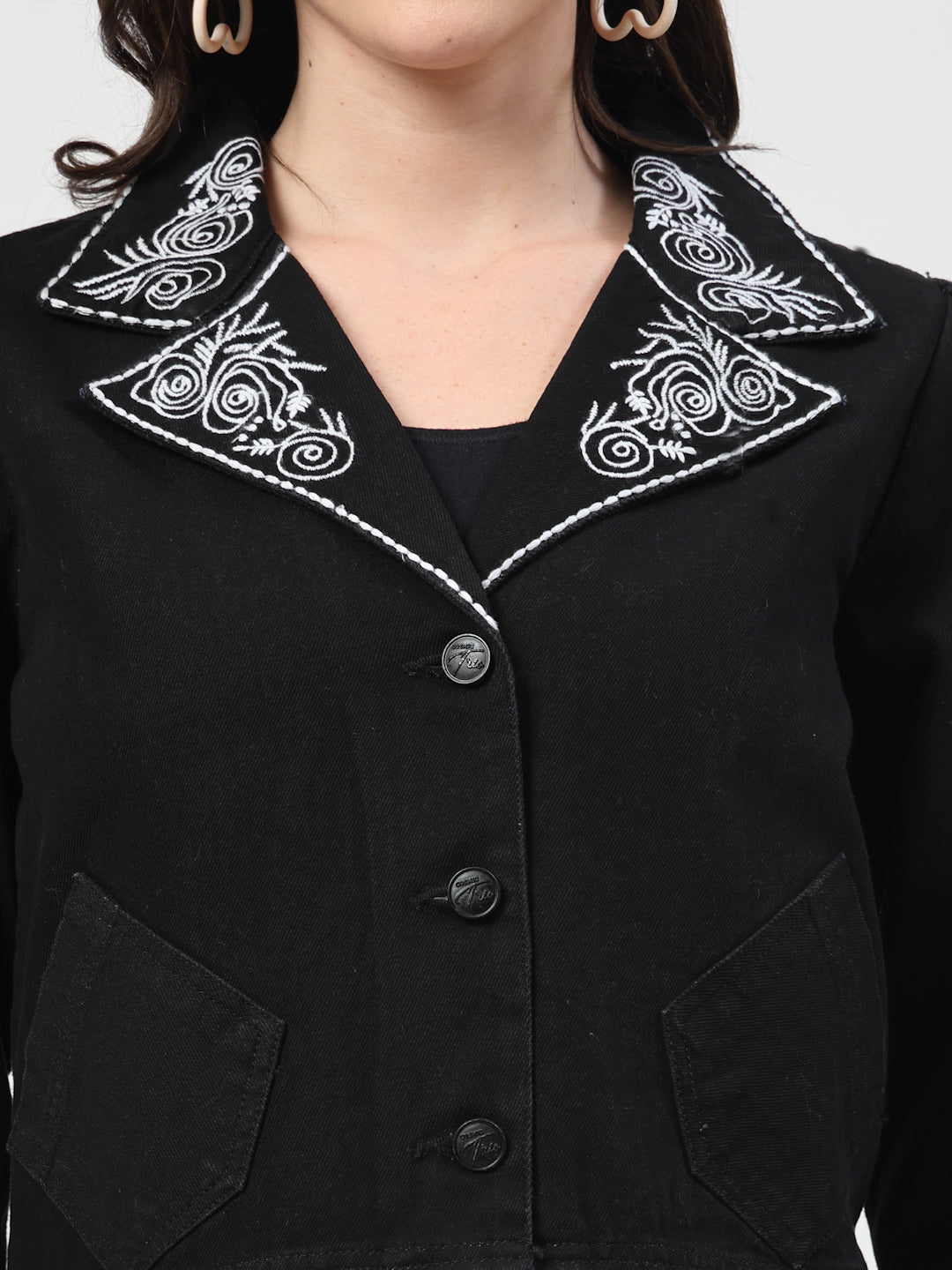 Embroidered Collar Black Denim Jacket - Cosmic Trio