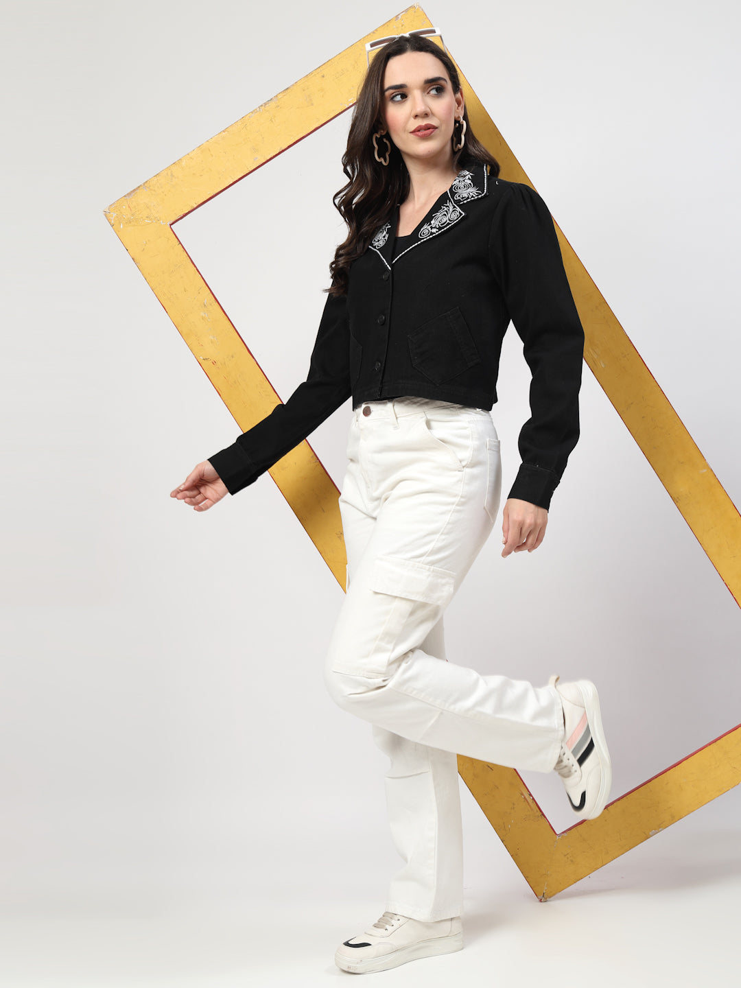 Embroidered Collar Black Denim Jacket - Cosmic Trio