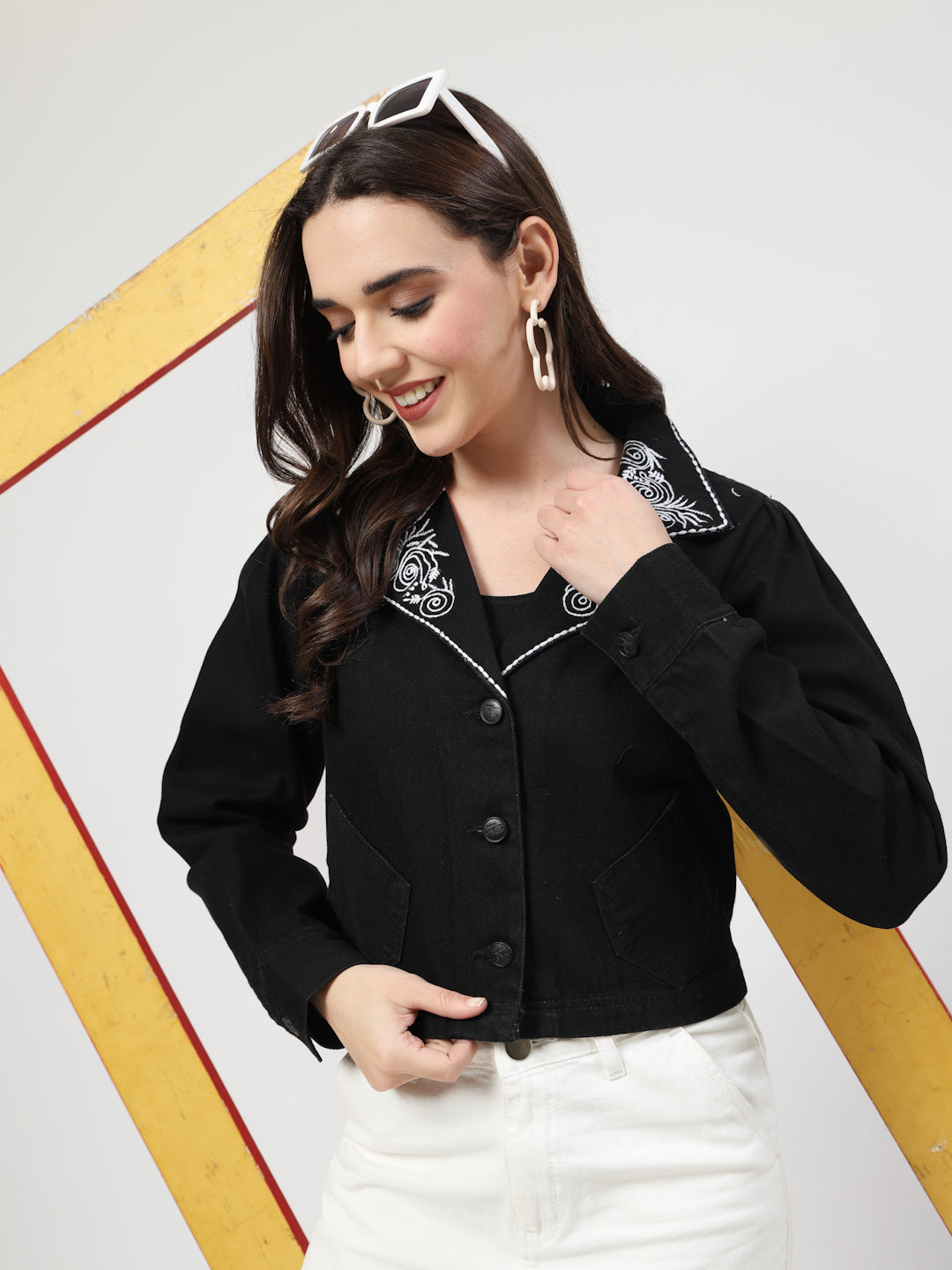 Embroidered Collar Black Denim Jacket - Cosmic Trio