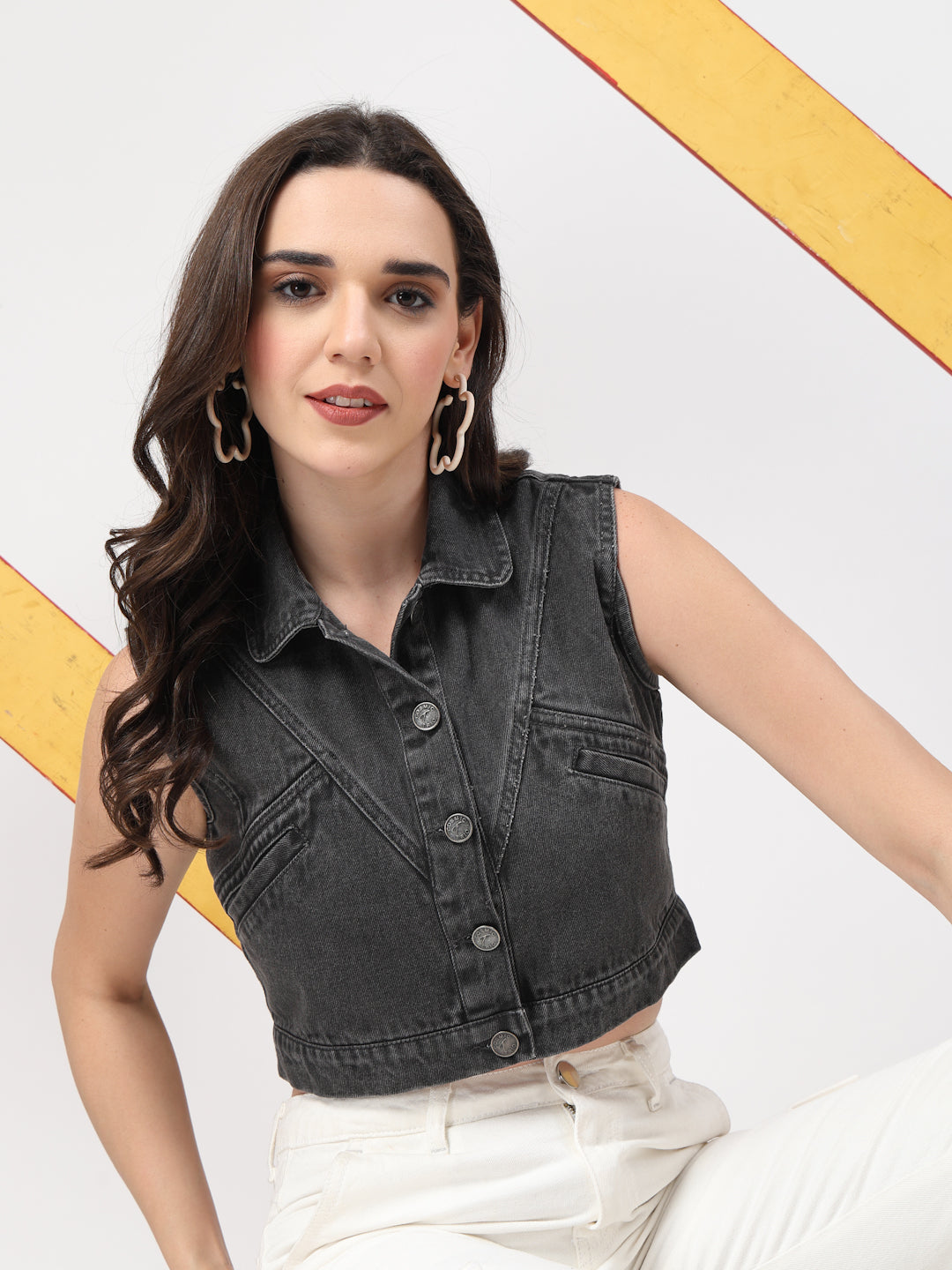 Gray Washed Lightweight Cropped Sleeveless Denim Jacket - Cosmic Trio