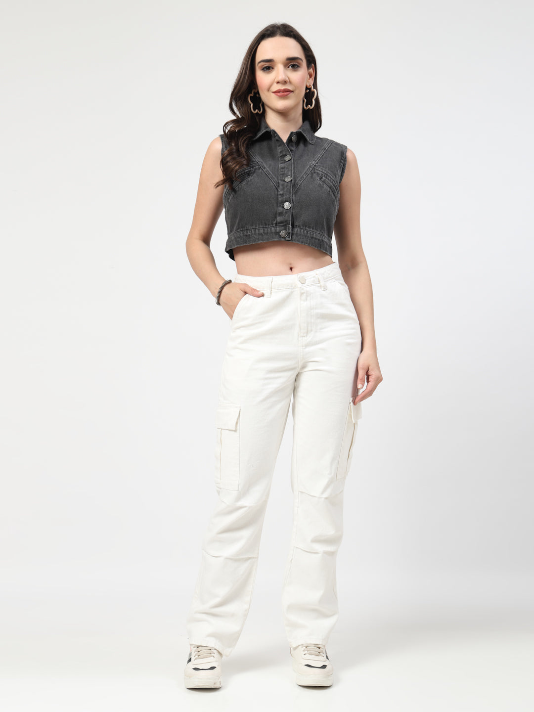 Gray Washed Lightweight Cropped Sleeveless Denim Jacket - Cosmic Trio