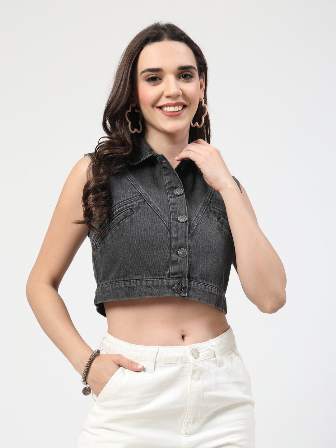 Gray Washed Lightweight Cropped Sleeveless Denim Jacket - Cosmic Trio