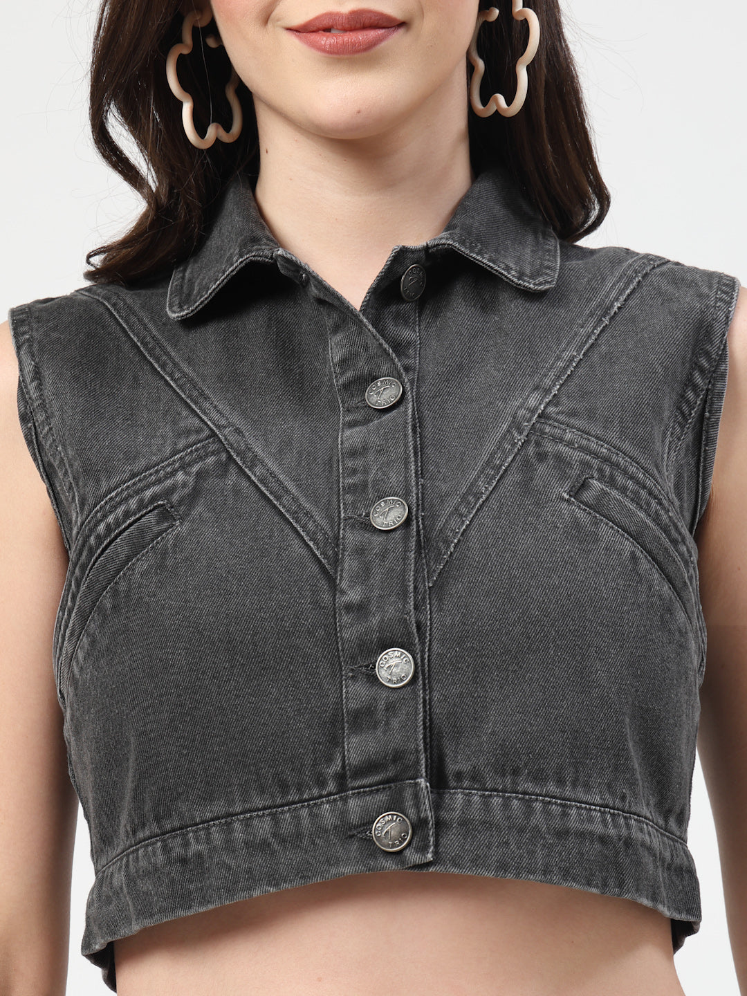 Gray Washed Lightweight Cropped Sleeveless Denim Jacket - Cosmic Trio