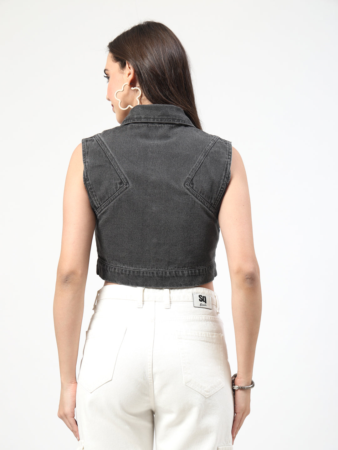 Gray Washed Lightweight Cropped Sleeveless Denim Jacket - Cosmic Trio