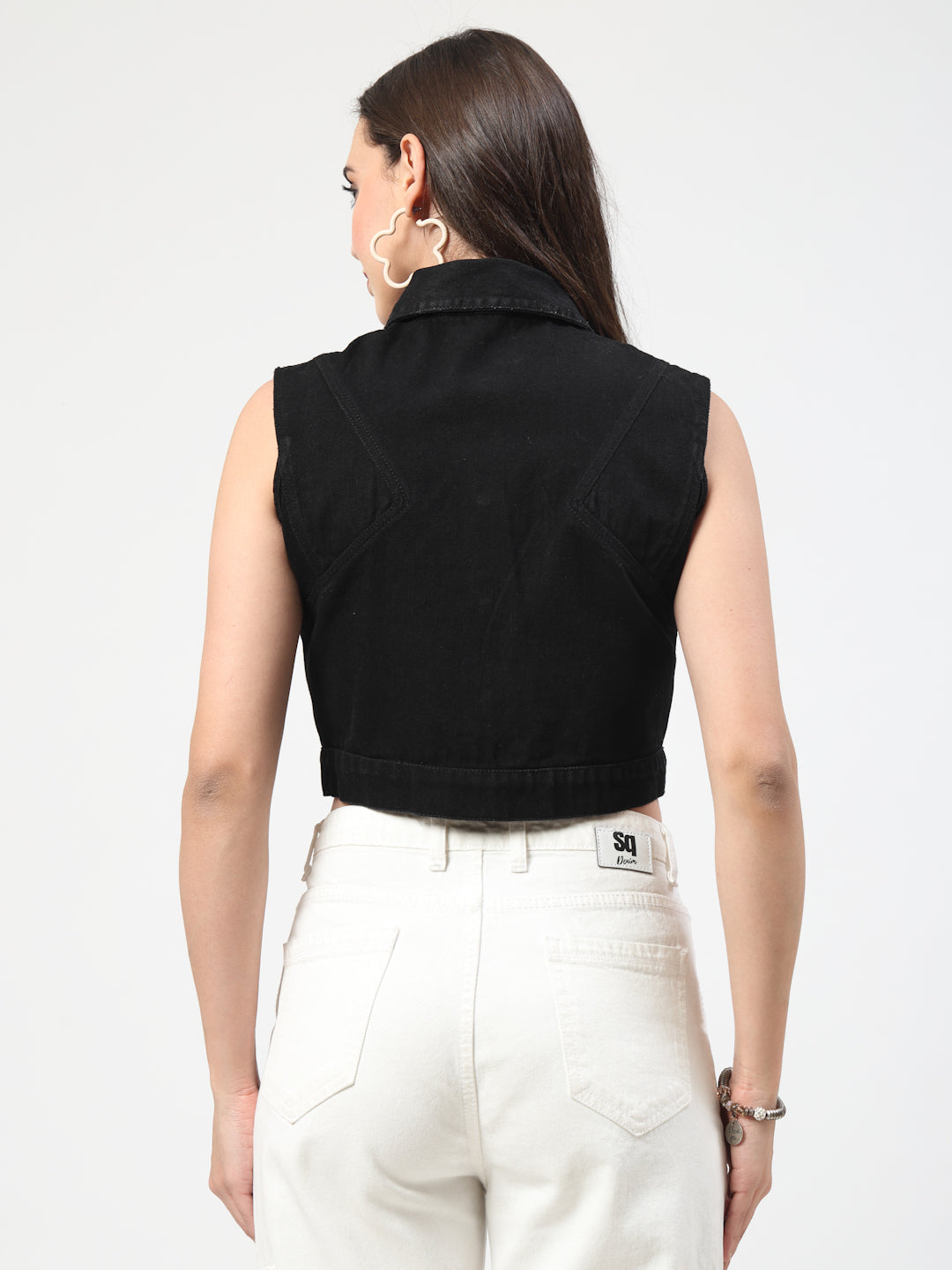 Black Washed Lightweight Cropped Sleeveless Denim Jacket - Cosmic Trio