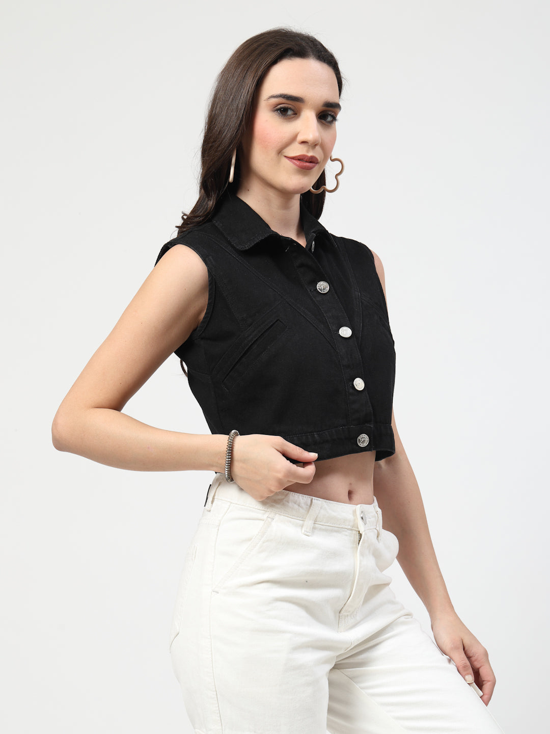 Black Washed Lightweight Cropped Sleeveless Denim Jacket - Cosmic Trio