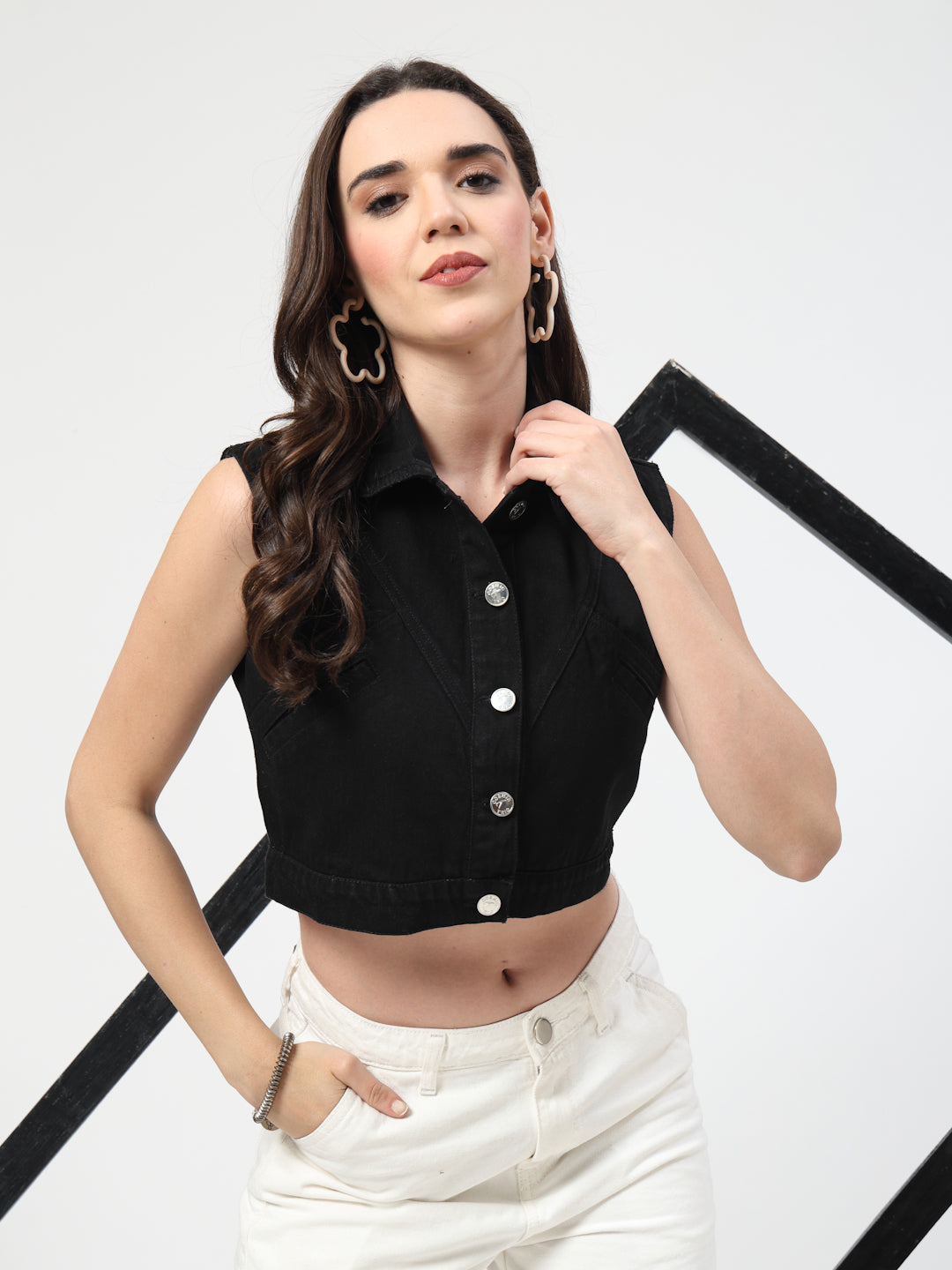 Black Washed Lightweight Cropped Sleeveless Denim Jacket - Cosmic Trio