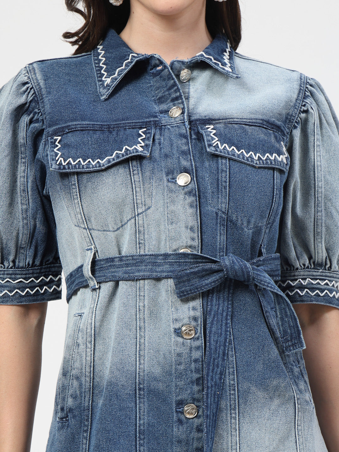 Blue Ombre Solid Shirt Dress With Handwork - Cosmic Trio