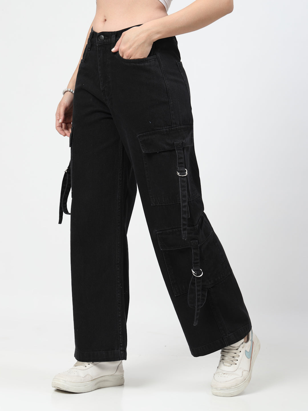 Black Relaxed Straight Loose Fit Cargos Jeans
