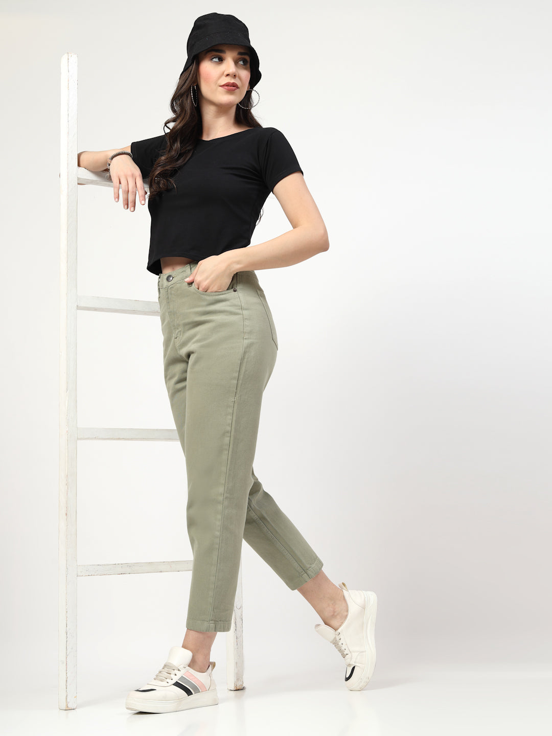 Straight Fit Mid Rise Green Jeans