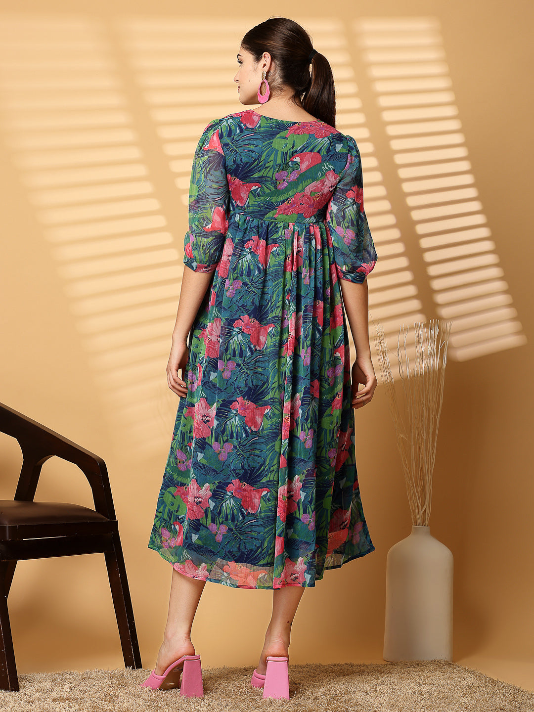 Green Floral Printed Chiffon Long Dress with Crepe Lining - Cosmic Trio