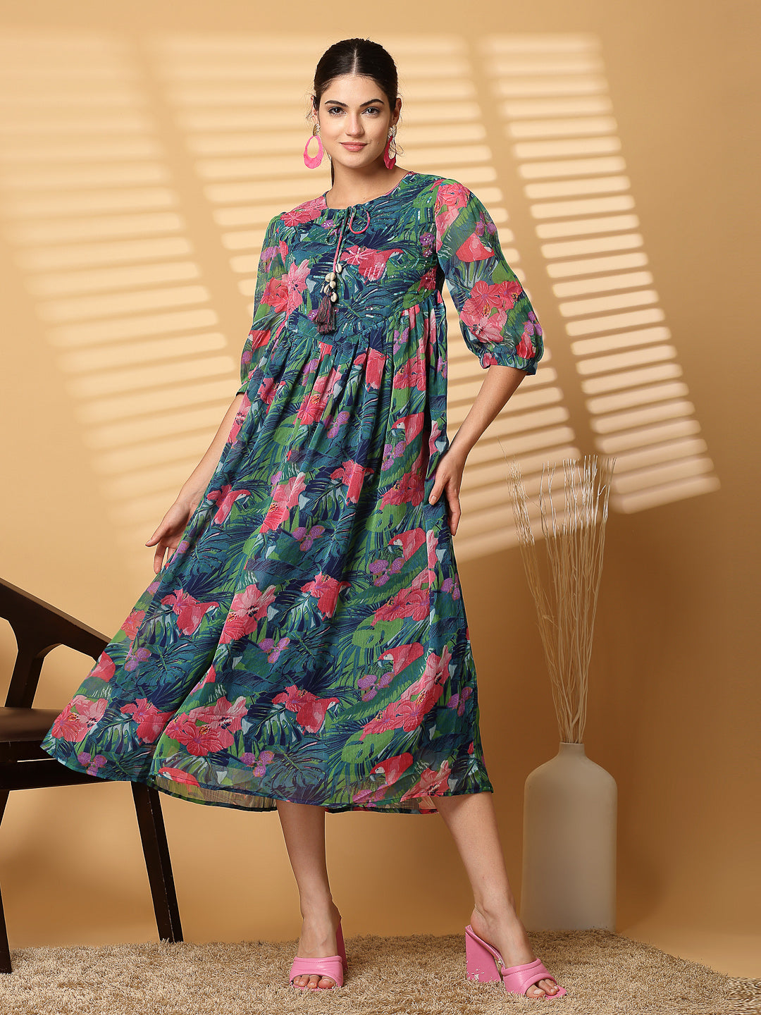 Green Floral Printed Chiffon Long Dress with Crepe Lining - Cosmic Trio