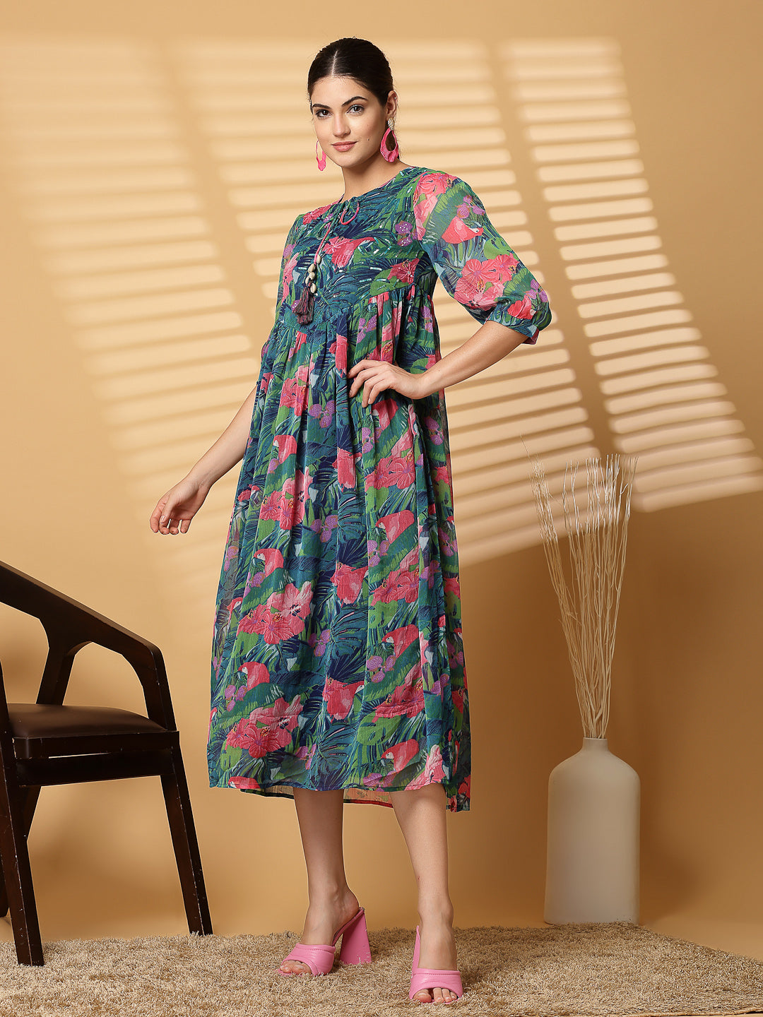 Green Floral Printed Chiffon Long Dress with Crepe Lining - Cosmic Trio