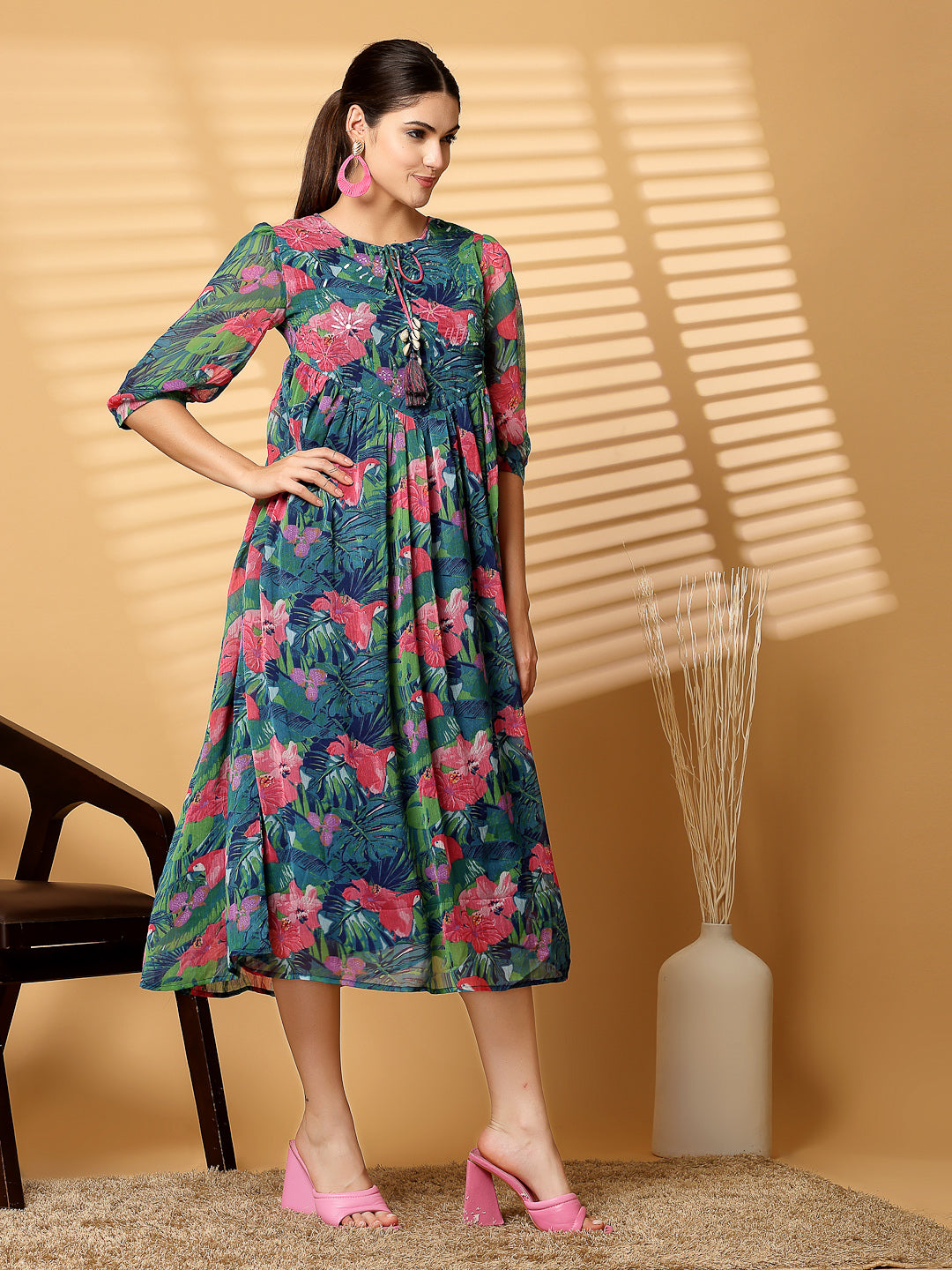 Green Floral Printed Chiffon Long Dress with Crepe Lining - Cosmic Trio