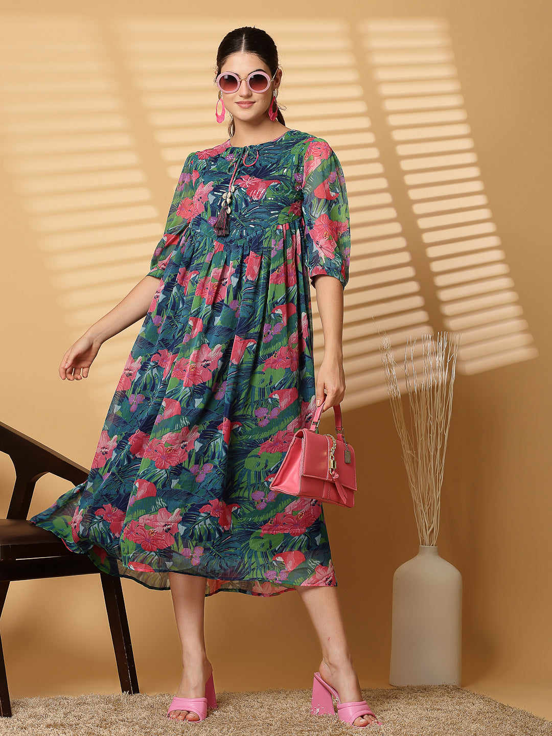 Green Floral Printed Chiffon Long Dress with Crepe Lining - Cosmic Trio