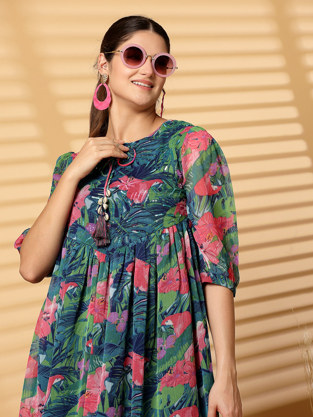 Green Floral Printed Chiffon Long Dress with Crepe Lining - Cosmic Trio