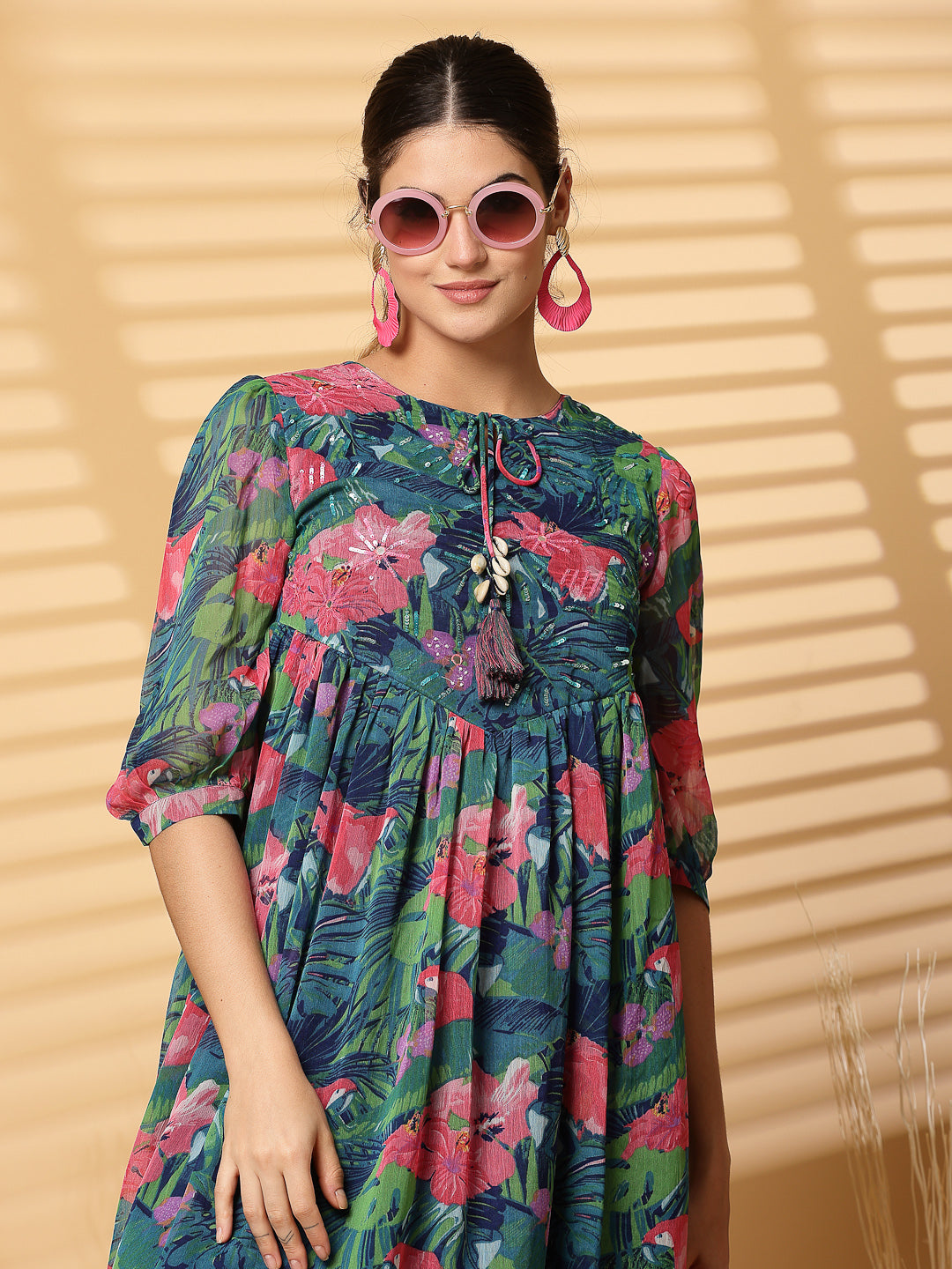 Green Floral Printed Chiffon Long Dress with Crepe Lining - Cosmic Trio
