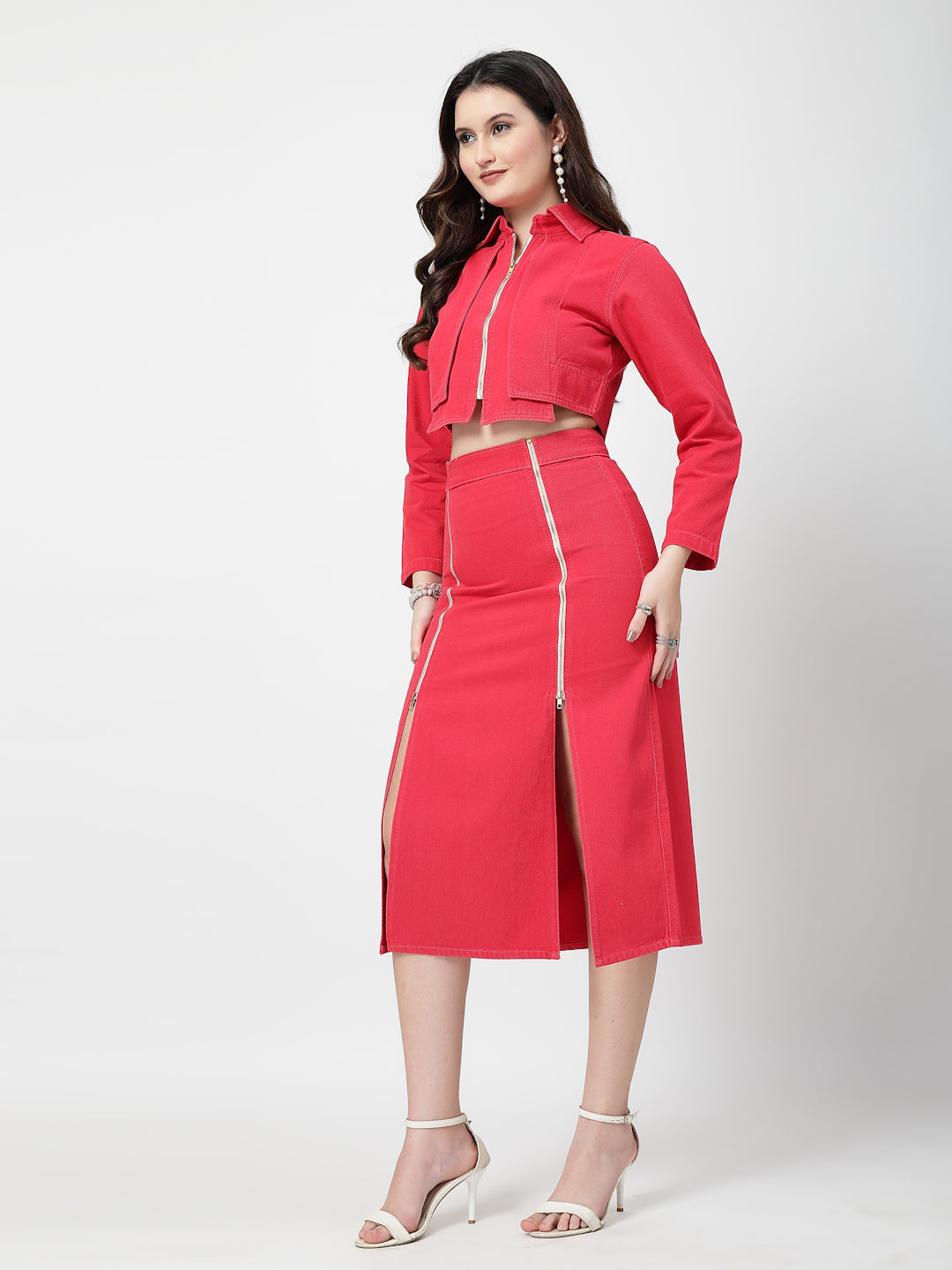 Red Denim Co-Ord Set for Women | Party Wear Two-Piece Outfit