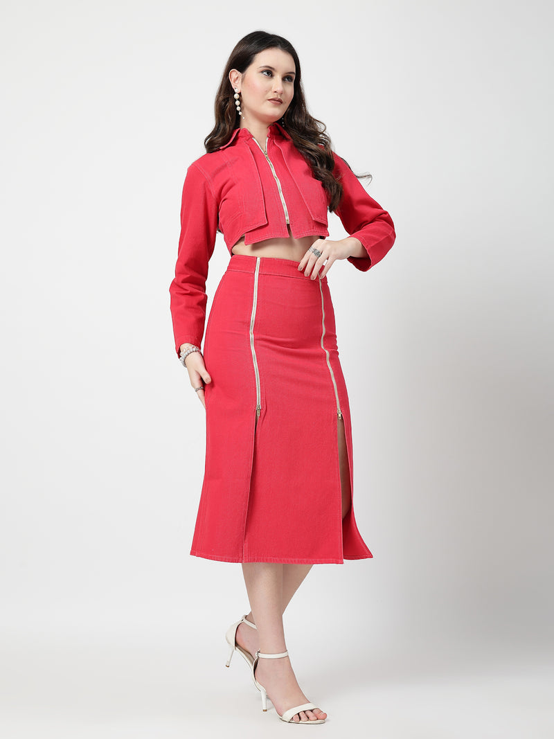 Red Denim Co-Ord Set for Women | Party Wear Two-Piece Outfit
