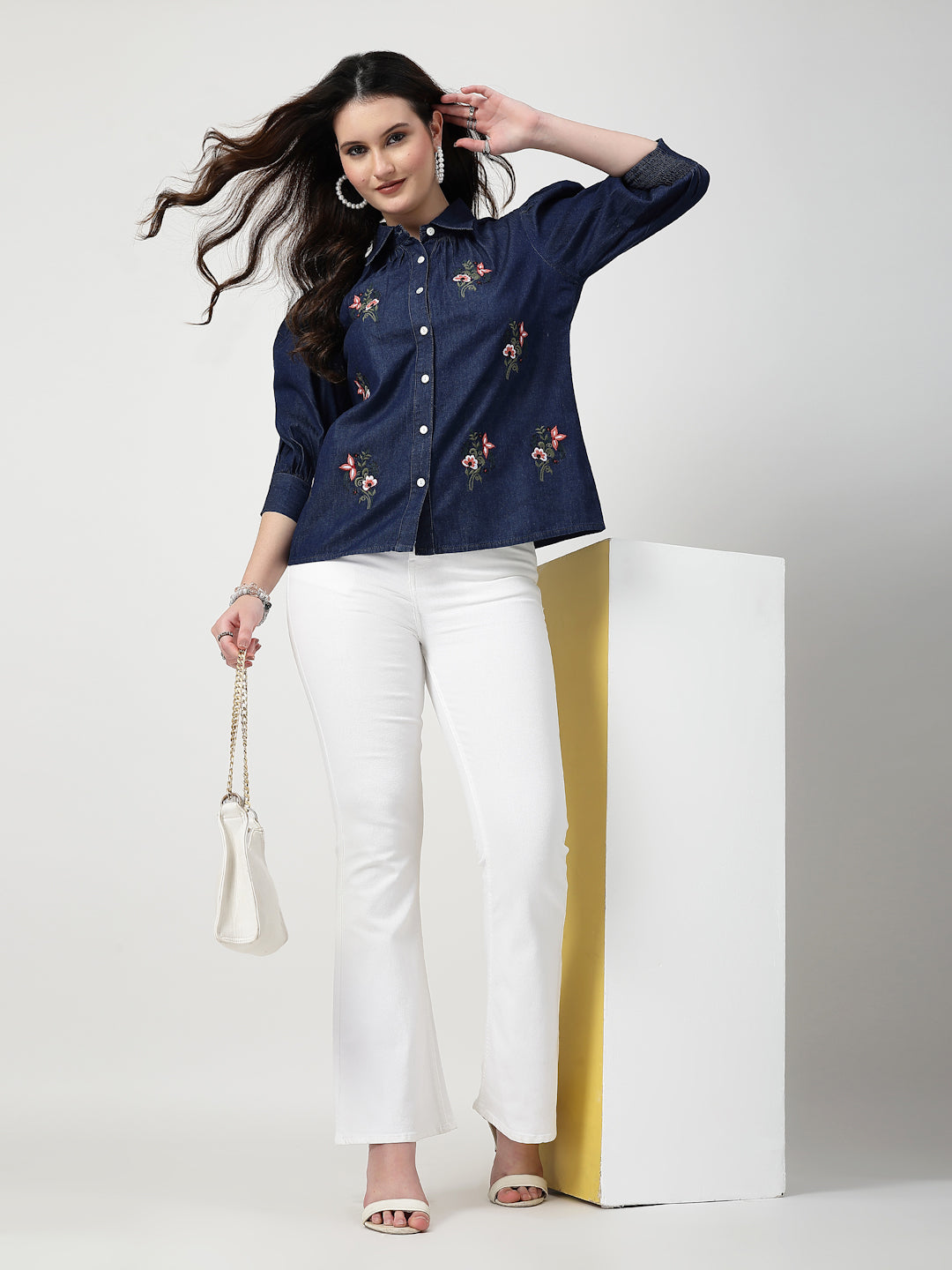 Blue Embroidered Denim Shirt With Cuff Sleeves