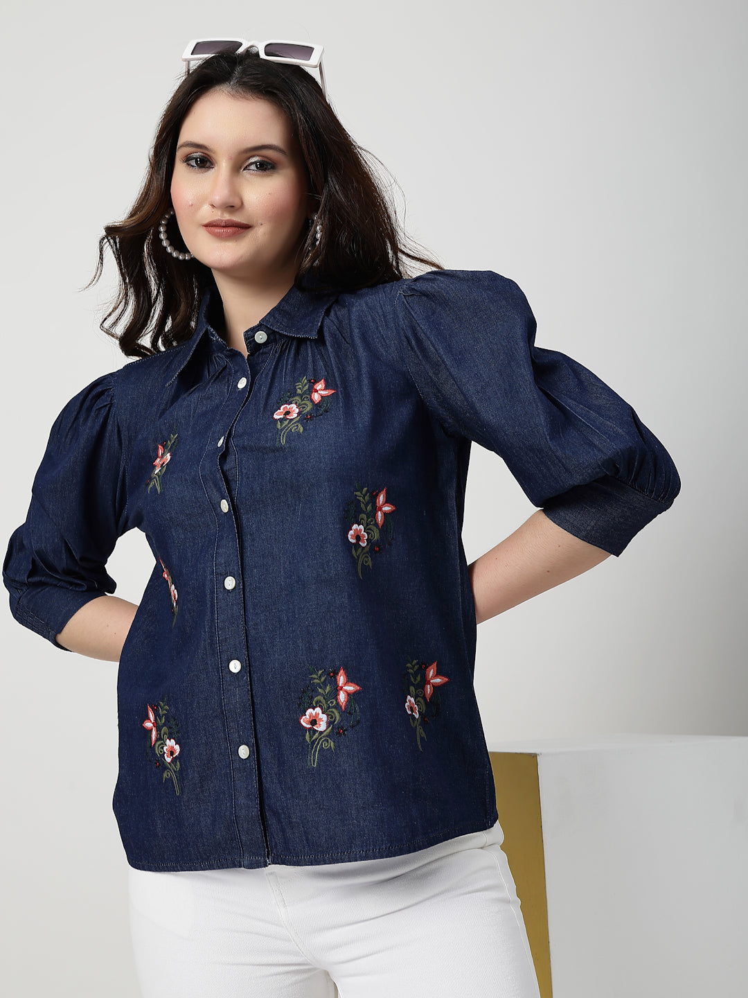 Blue Embroidered Denim Shirt With Cuff Sleeves