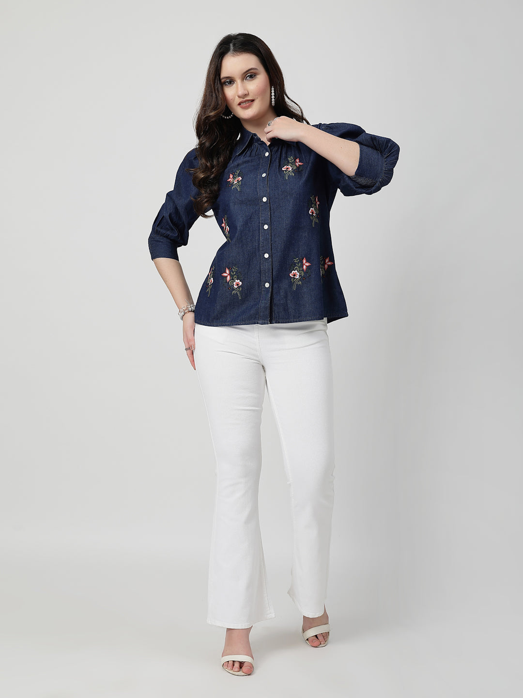 Blue Embroidered Denim Shirt With Cuff Sleeves