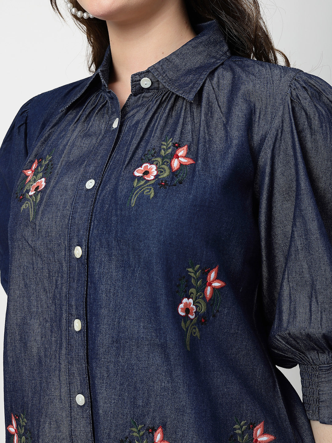 Blue Embroidered Denim Shirt With Cuff Sleeves