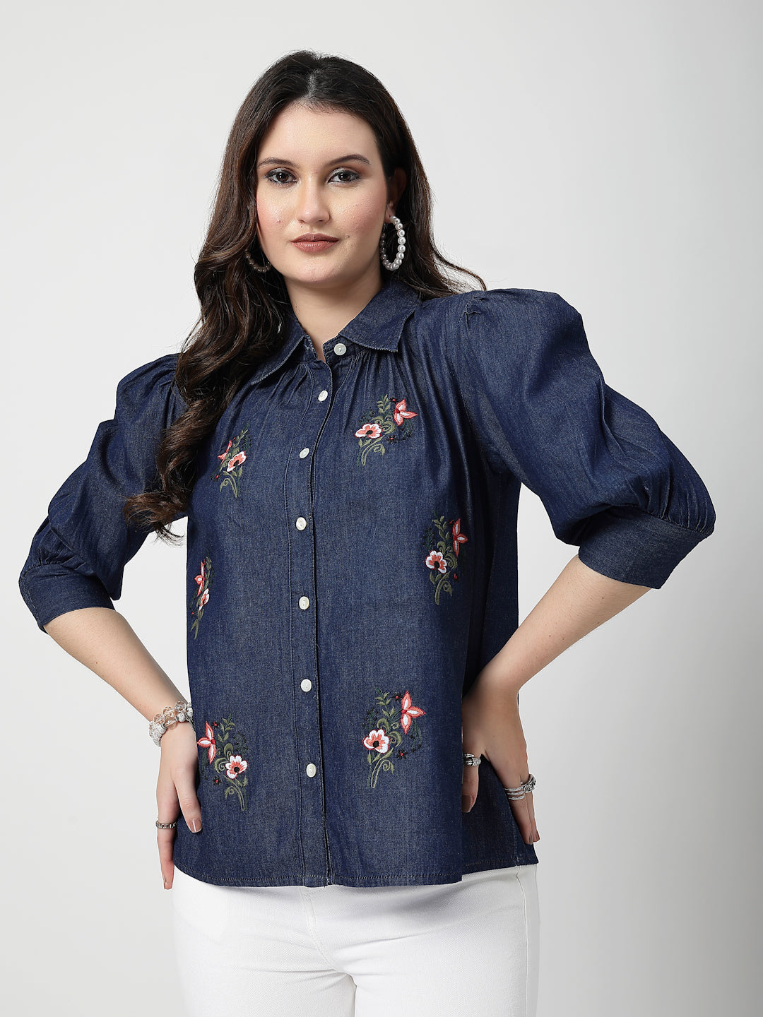 Blue Embroidered Denim Shirt With Cuff Sleeves