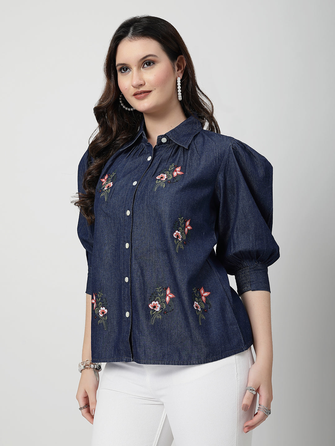 Blue Embroidered Denim Shirt With Cuff Sleeves