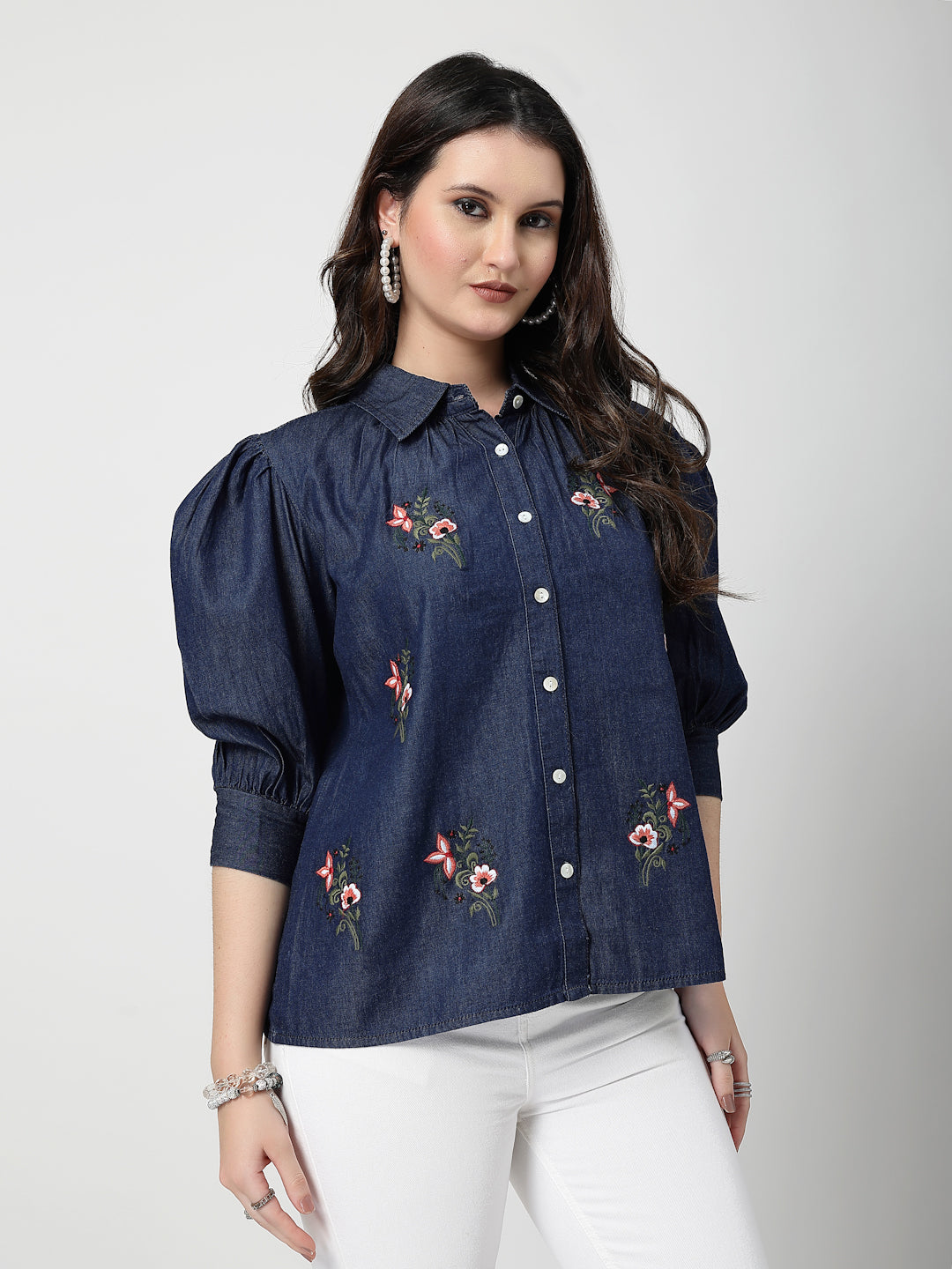 Blue Embroidered Denim Shirt With Cuff Sleeves