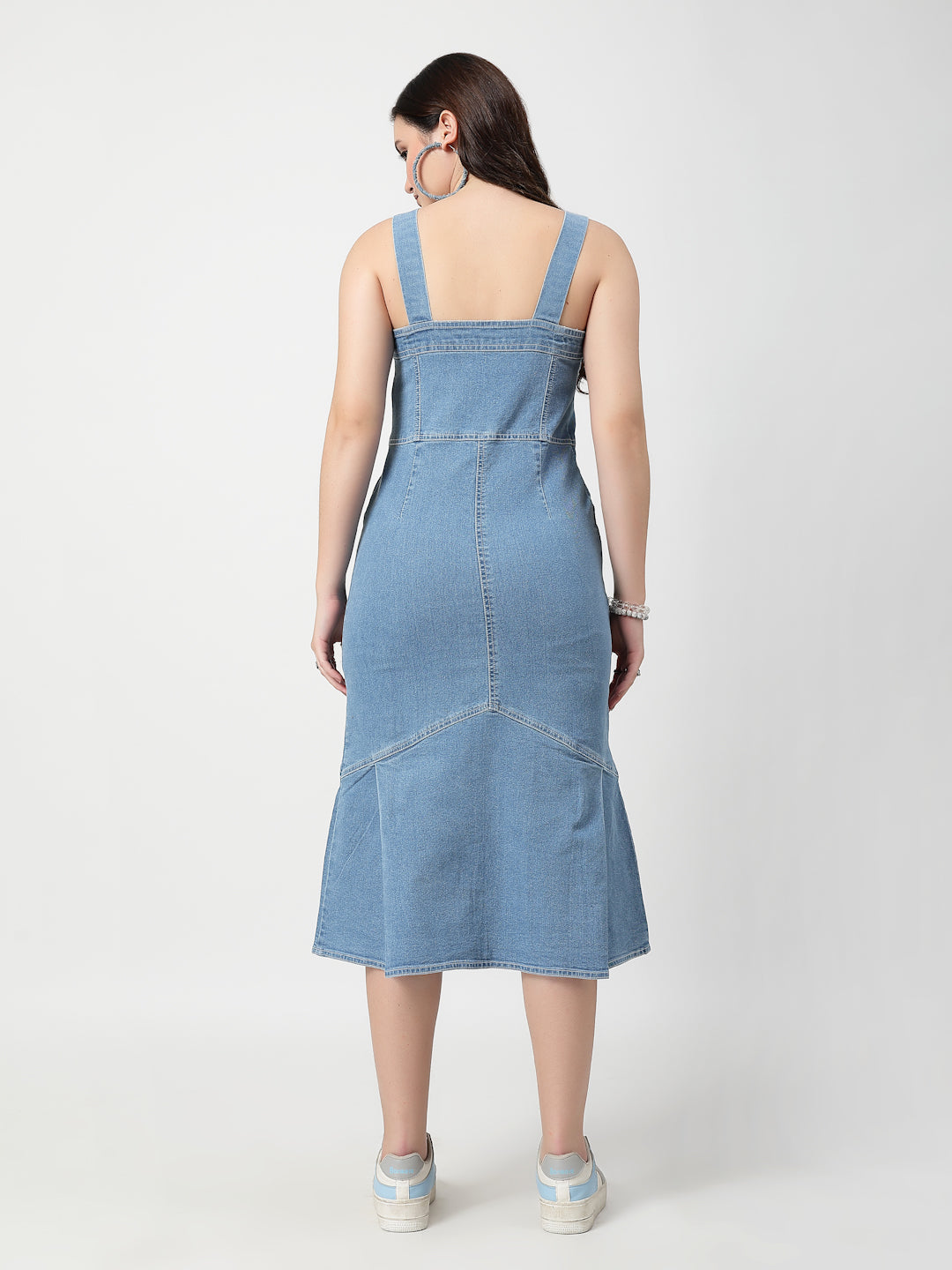 Solid Blue Cotton Denim Sleeveless Midi Dress